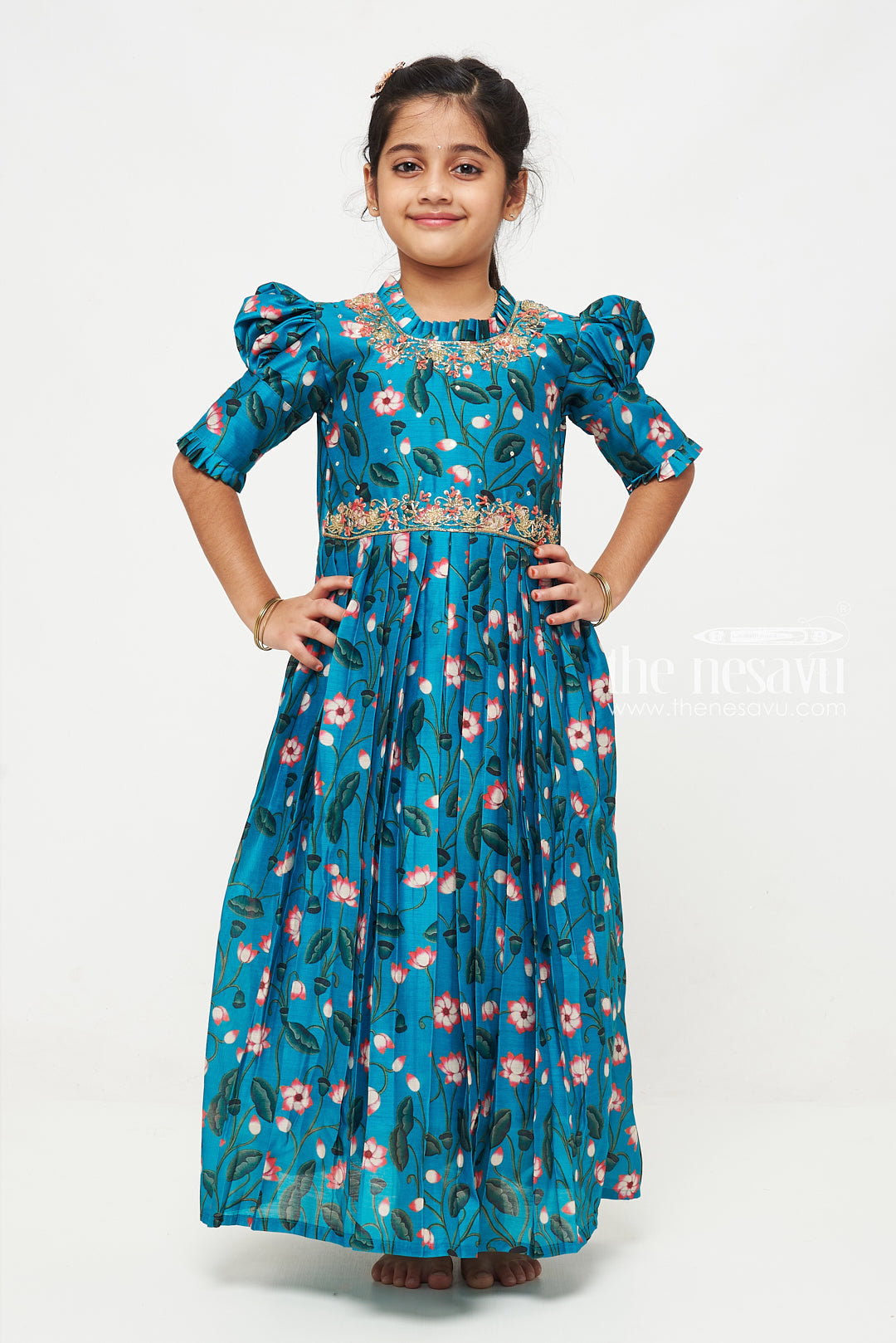 The Nesavu Girls Silk Gown Exquisite Floral Embellished Anarkali Gown for Girls Nesavu Buy Girls Teal Floral Anarkali Gown with Embellishments Online | The Nesavu