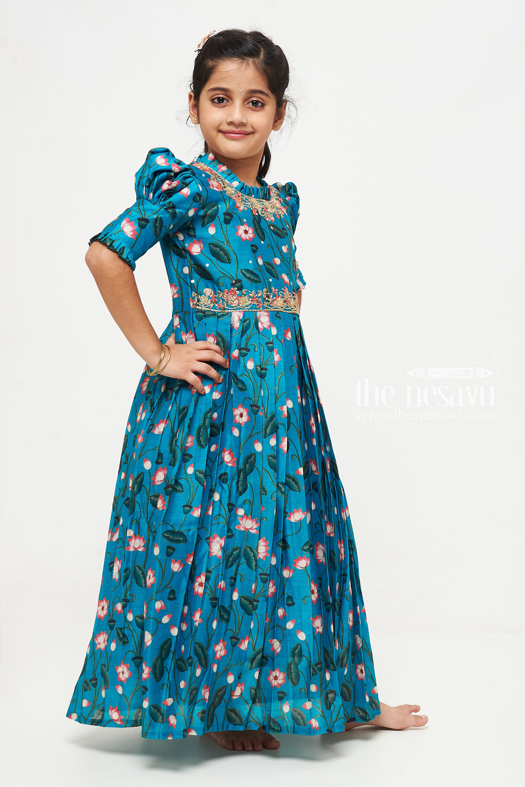 The Nesavu Girls Silk Gown Exquisite Floral Embellished Anarkali Gown for Girls Nesavu Buy Girls Teal Floral Anarkali Gown with Embellishments Online | The Nesavu