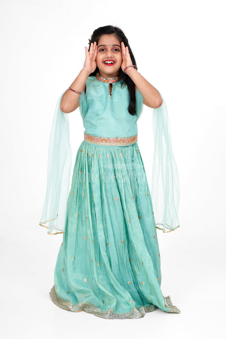 The Nesavu Girls Lehenga Choli Exquisite Girls Blue Lehenga Design in Pure Tissue Viscose Silk with Embellished Waistline Nesavu 16 (1Y) / Blue GL537A-16 Nesavu Girls Blue Lehenga Design Pure Tissue Viscose Silk Embellished Waistline Weddings