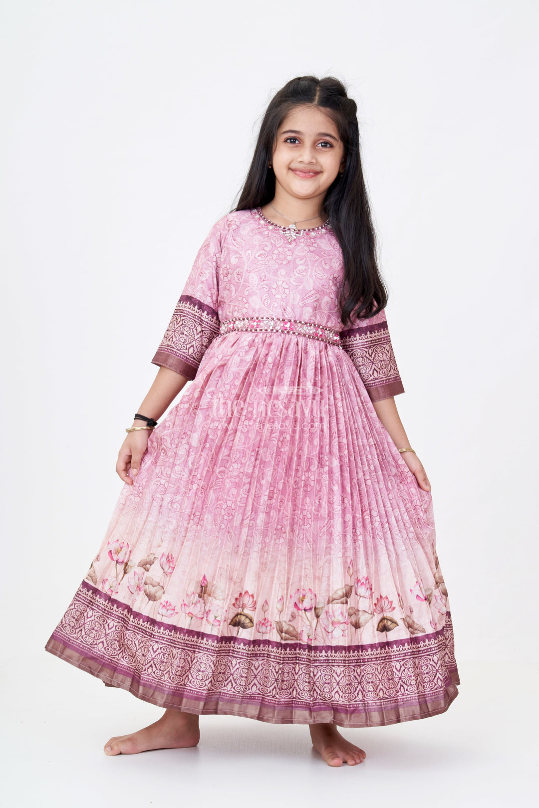 The Nesavu Girls Party Gown Exquisite Gown for Wedding Party with Pichwai Theme Semi Raw Silk and Embellished Waistline Nesavu 24 (5Y) / Pink GA295B-24 Nesavu Exquisite Gown Wedding Party Pichwai Theme Semi Raw Silk Embellished Waistline