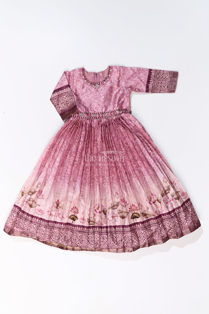 The Nesavu Girls Party Gown Exquisite Gown for Wedding Party with Pichwai Theme Semi Raw Silk and Embellished Waistline Nesavu Exquisite Gown Wedding Party Pichwai Theme Semi Raw Silk Embellished Waistline | The Nesavu