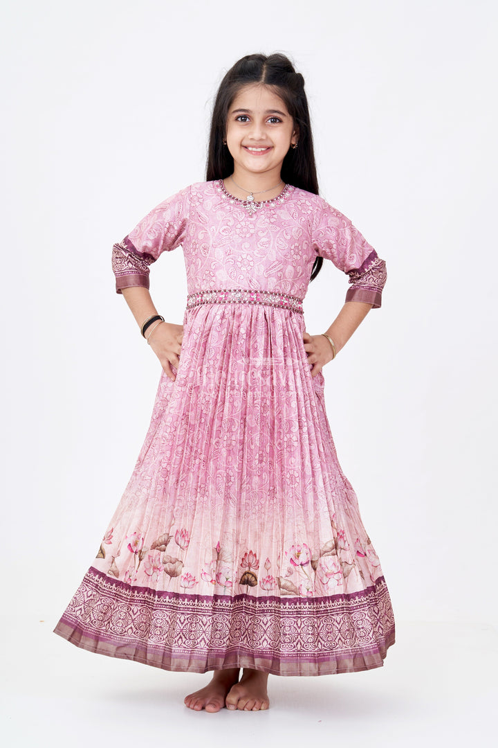 The Nesavu Girls Party Gown Exquisite Gown for Wedding Party with Pichwai Theme Semi Raw Silk and Embellished Waistline Nesavu Nesavu Exquisite Gown Wedding Party Pichwai Theme Semi Raw Silk Embellished Waistline