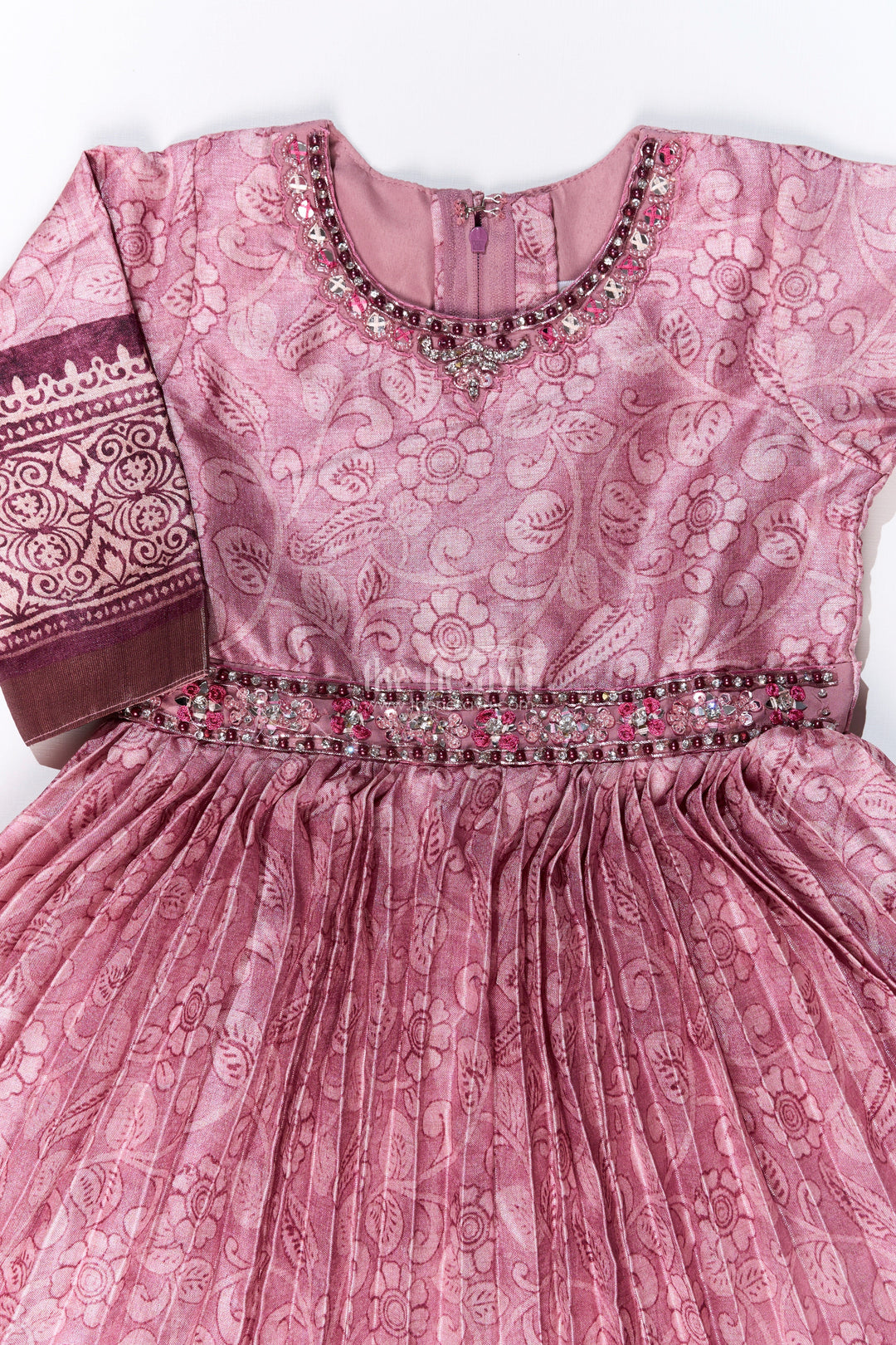 The Nesavu Girls Party Gown Exquisite Gown for Wedding Party with Pichwai Theme Semi Raw Silk and Embellished Waistline Nesavu Nesavu Exquisite Gown Wedding Party Pichwai Theme Semi Raw Silk Embellished Waistline