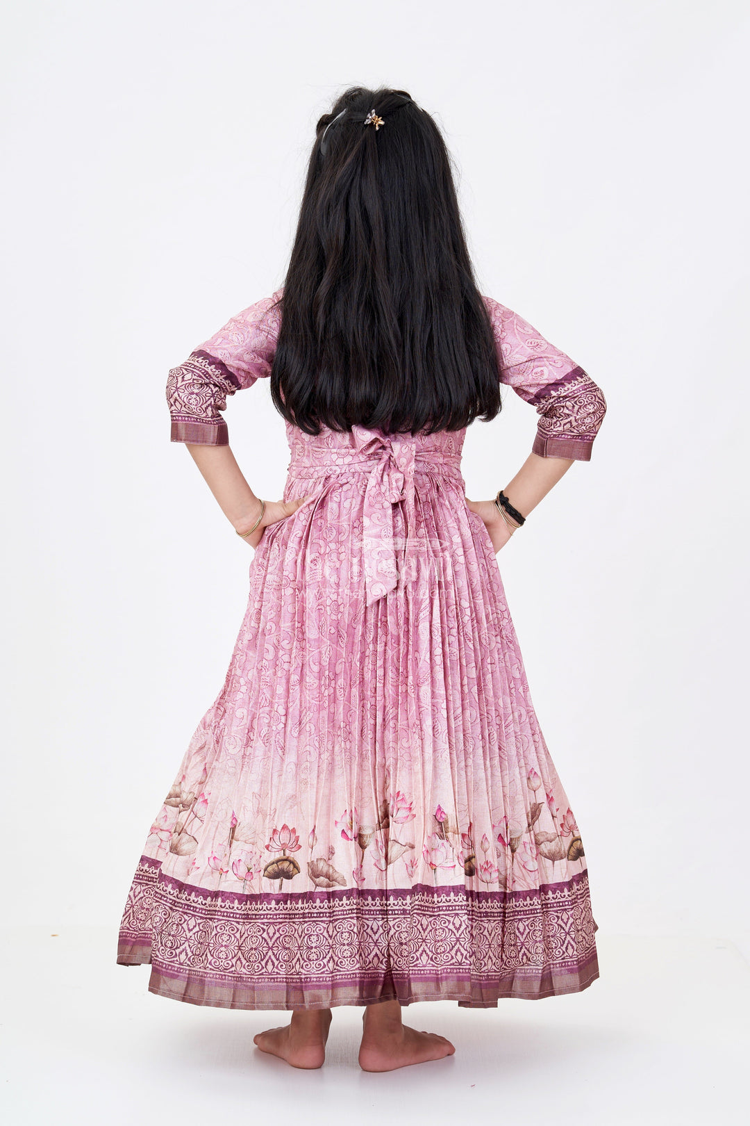 The Nesavu Girls Party Gown Exquisite Gown for Wedding Party with Pichwai Theme Semi Raw Silk and Embellished Waistline Nesavu Nesavu Exquisite Gown Wedding Party Pichwai Theme Semi Raw Silk Embellished Waistline