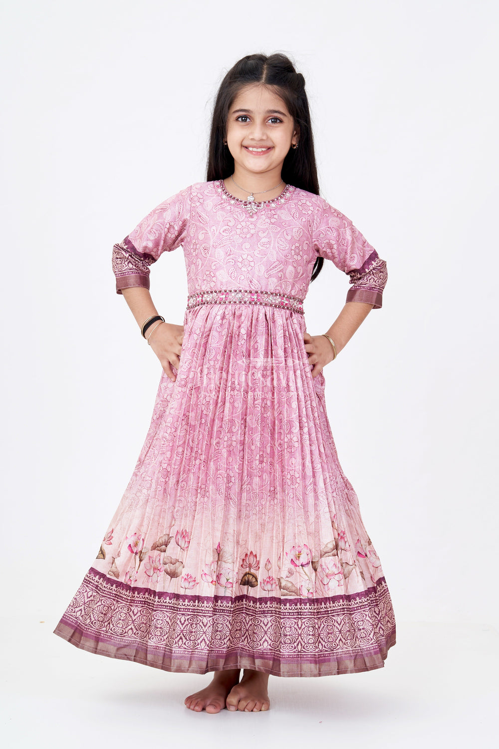 The Nesavu Girls Party Gown Exquisite Gown for Wedding Party with Pichwai Theme Semi Raw Silk and Embellished Waistline Nesavu Nesavu Exquisite Gown Wedding Party Pichwai Theme Semi Raw Silk Embellished Waistline