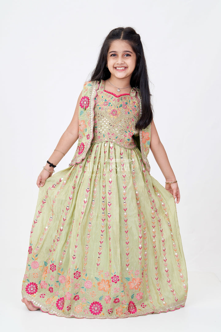 The Nesavu Girls Lehenga Choli Exquisite Green Lehenga for Girls with Floral Embroidery and Mirror Work Choli Nesavu 24 (5Y) / Green GL595A-24 Exquisite Green Lehenga Girls Floral Embroidery Mirror Work Choli | The Nesavu