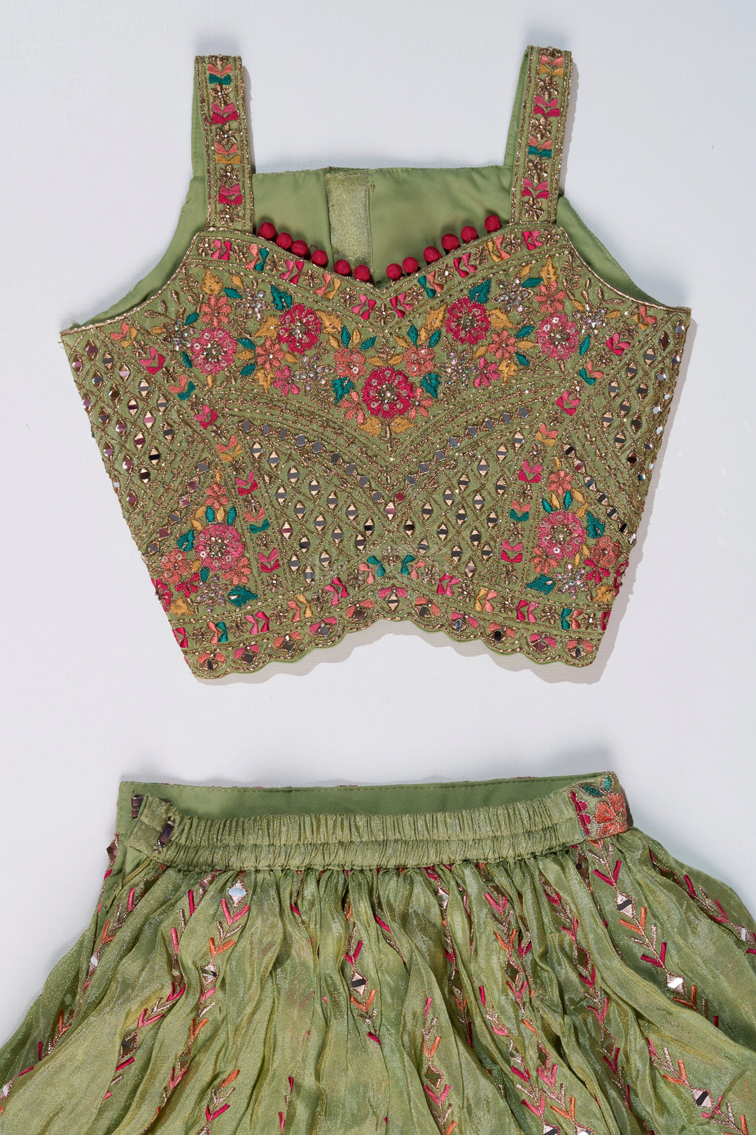 The Nesavu Girls Lehenga Choli Exquisite Green Lehenga for Girls with Floral Embroidery and Mirror Work Choli Nesavu Exquisite Green Lehenga Girls Floral Embroidery Mirror Work Choli | The Nesavu