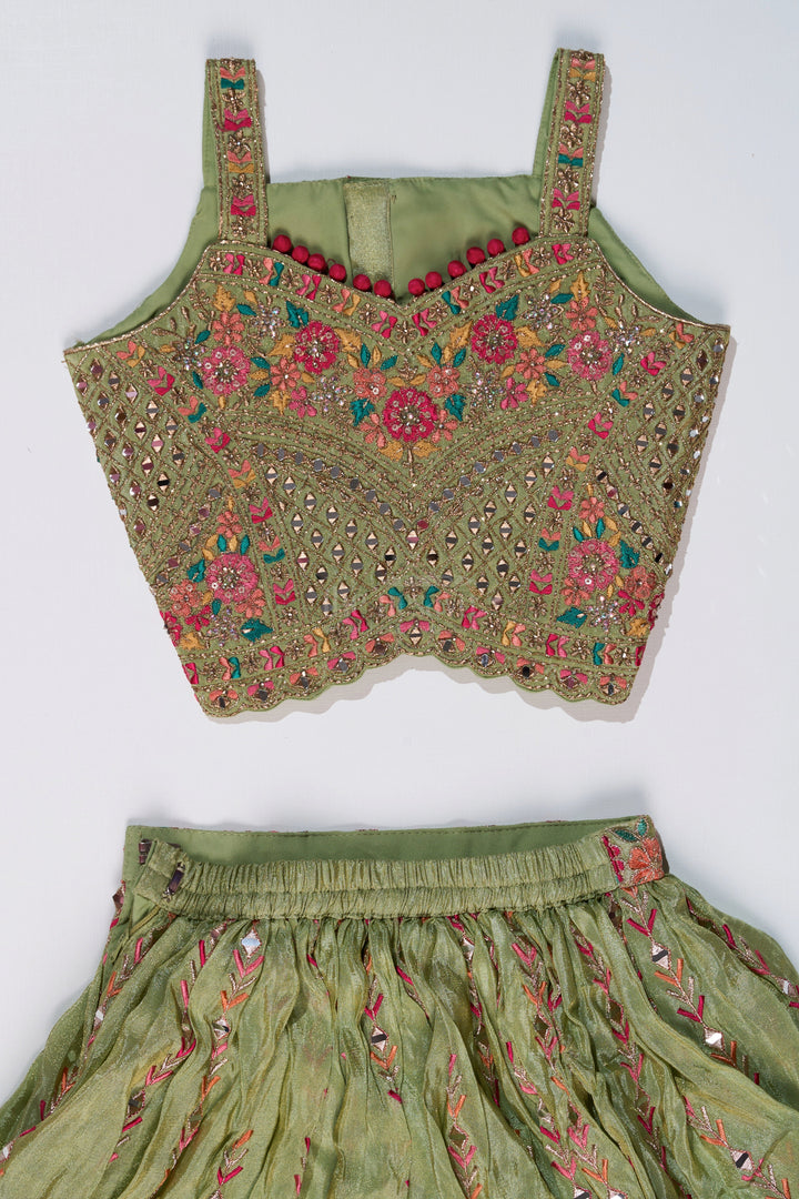 The Nesavu Girls Lehenga Choli Exquisite Green Lehenga for Girls with Floral Embroidery and Mirror Work Choli Nesavu Exquisite Green Lehenga Girls Floral Embroidery Mirror Work Choli | The Nesavu