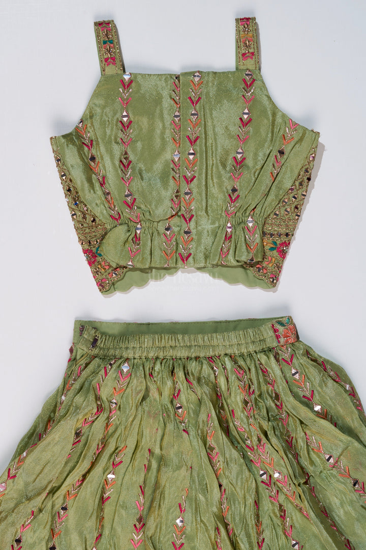 The Nesavu Girls Lehenga Choli Exquisite Green Lehenga for Girls with Floral Embroidery and Mirror Work Choli Nesavu Exquisite Green Lehenga Girls Floral Embroidery Mirror Work Choli | The Nesavu