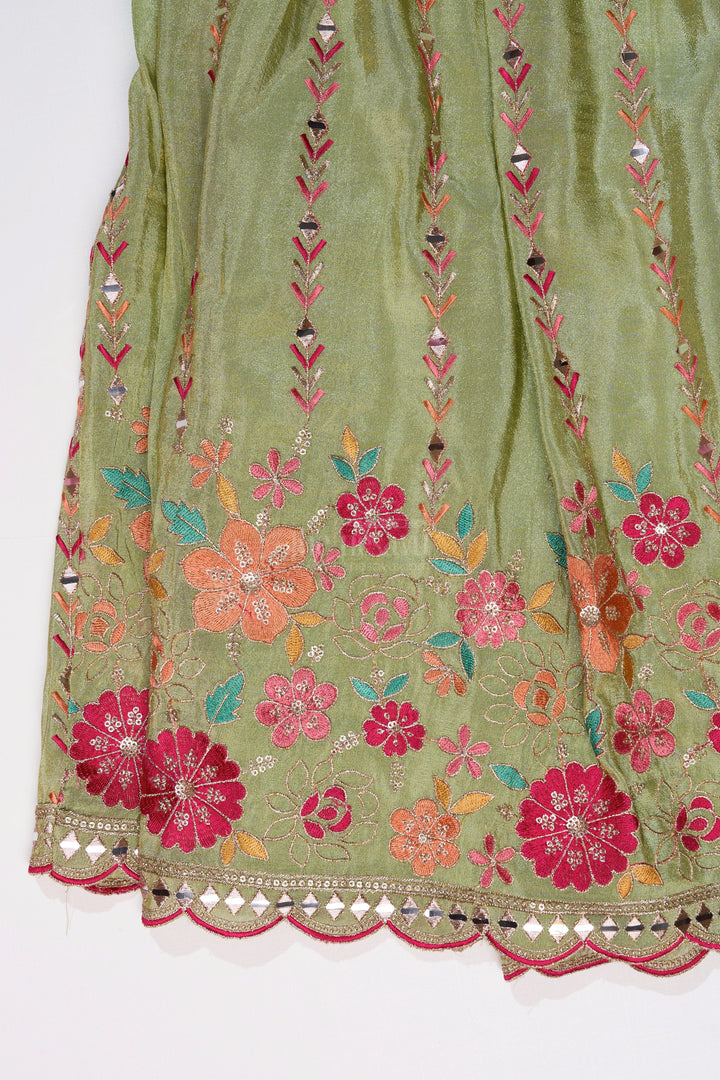 The Nesavu Girls Lehenga Choli Exquisite Green Lehenga for Girls with Floral Embroidery and Mirror Work Choli Nesavu Exquisite Green Lehenga Girls Floral Embroidery Mirror Work Choli | The Nesavu