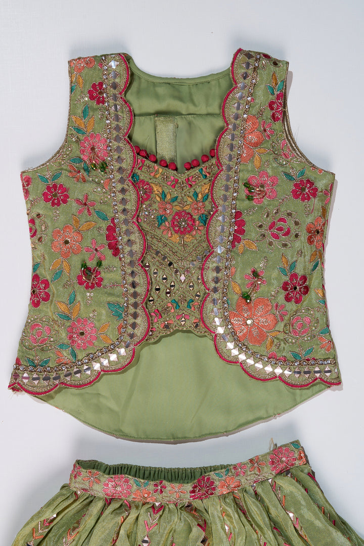 The Nesavu Girls Lehenga Choli Exquisite Green Lehenga for Girls with Floral Embroidery and Mirror Work Choli Nesavu Exquisite Green Lehenga Girls Floral Embroidery Mirror Work Choli | The Nesavu