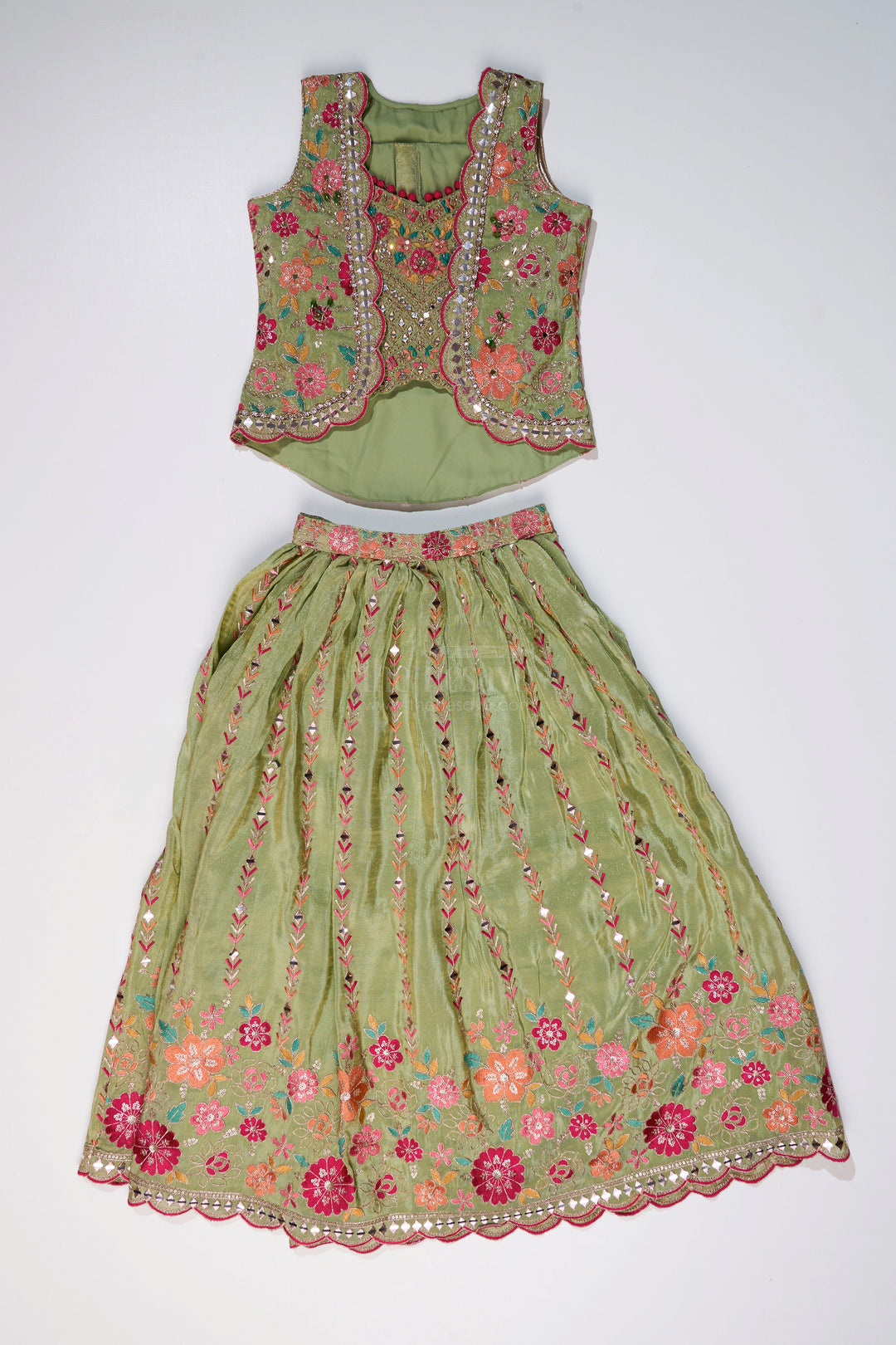 The Nesavu Girls Lehenga Choli Exquisite Green Lehenga for Girls with Floral Embroidery and Mirror Work Choli Nesavu Exquisite Green Lehenga Girls Floral Embroidery Mirror Work Choli | The Nesavu