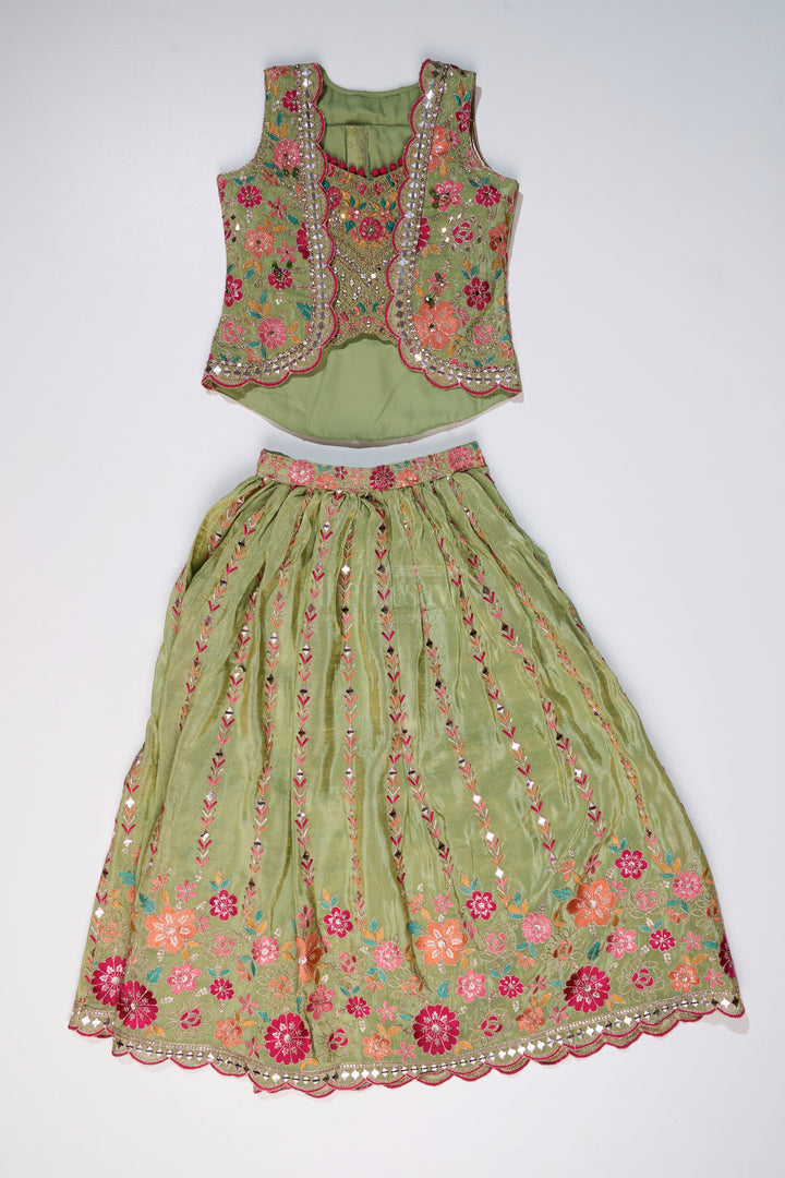 The Nesavu Girls Lehenga Choli Exquisite Green Lehenga for Girls with Floral Embroidery and Mirror Work Choli Nesavu Exquisite Green Lehenga Girls Floral Embroidery Mirror Work Choli | The Nesavu
