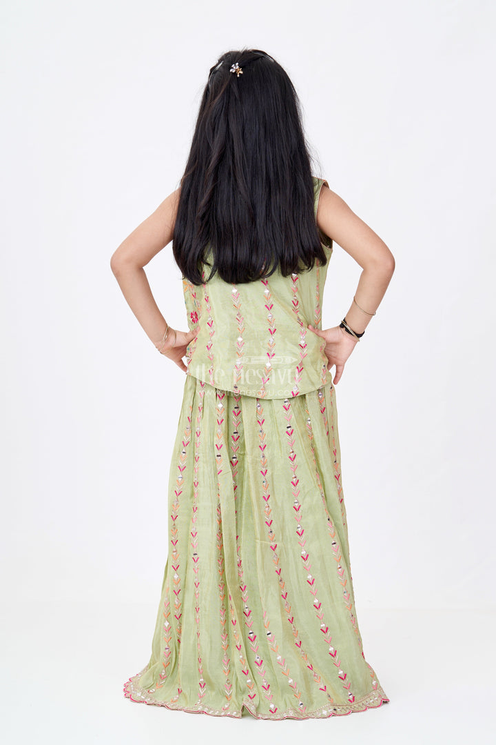 The Nesavu Girls Lehenga Choli Exquisite Green Lehenga for Girls with Floral Embroidery and Mirror Work Choli Nesavu Exquisite Green Lehenga Girls Floral Embroidery Mirror Work Choli | The Nesavu