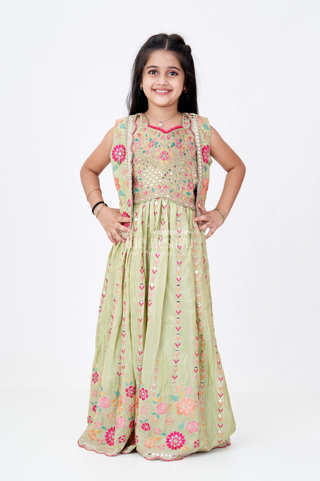 The Nesavu Girls Lehenga Choli Exquisite Green Lehenga for Girls with Floral Embroidery and Mirror Work Choli Nesavu Exquisite Green Lehenga Girls Floral Embroidery Mirror Work Choli | The Nesavu