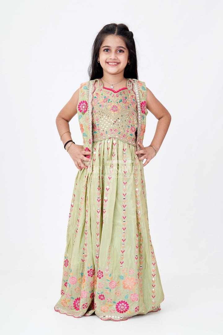 The Nesavu Girls Lehenga Choli Exquisite Green Lehenga for Girls with Floral Embroidery and Mirror Work Choli Nesavu Exquisite Green Lehenga Girls Floral Embroidery Mirror Work Choli | The Nesavu
