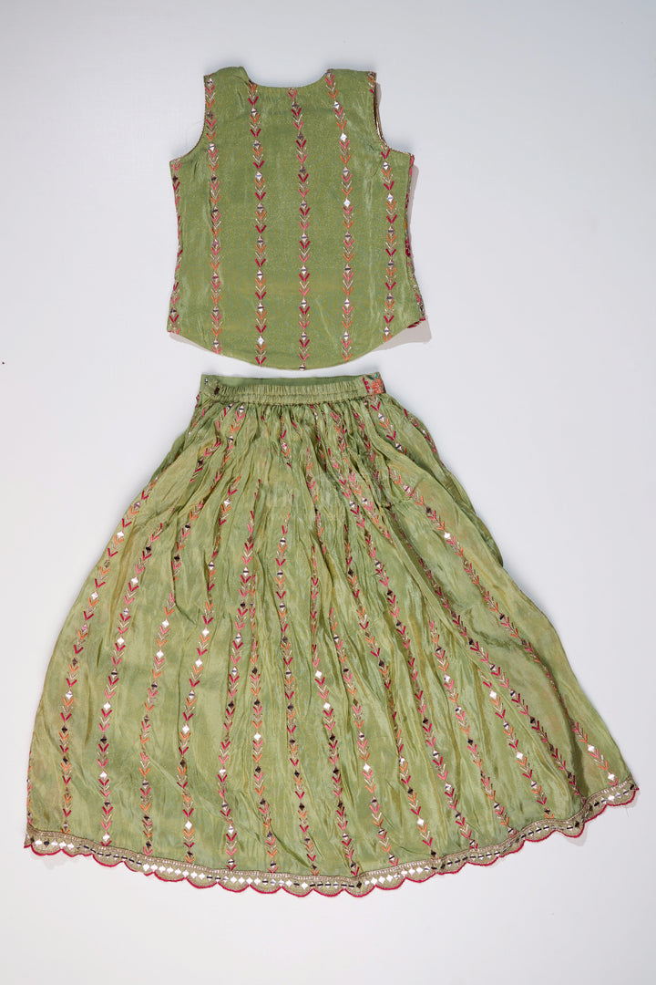 The Nesavu Girls Lehenga Choli Exquisite Green Lehenga for Girls with Floral Embroidery and Mirror Work Choli Nesavu Nesavu Exquisite Green Lehenga Girls Floral Embroidery Mirror Work Choli