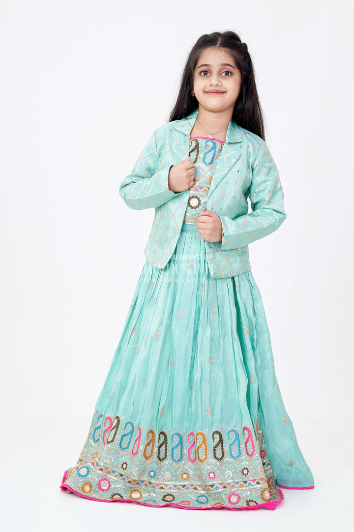 The Nesavu Girls Lehenga Choli Exquisite Light Green Lehenga for Girls with Designer Embroidery and Shimmer Chinon Silk Nesavu 24 (5Y) / Green GL589A-24 Exquisite Light Green Lehenga Girls Designer Embroidery Shimmer Chinon Silk | The Nesavu