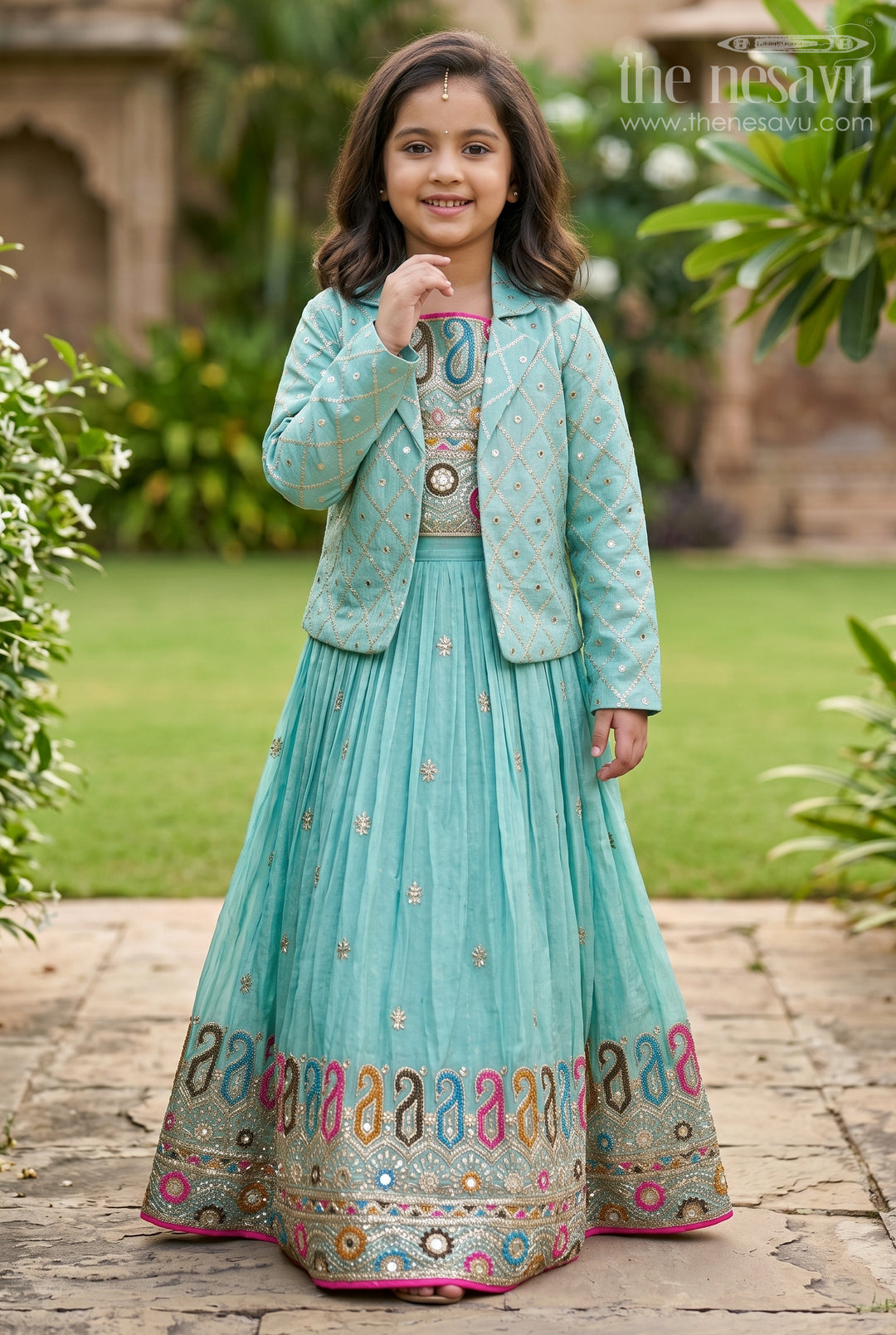 The Nesavu Girls Lehenga Choli Exquisite Light Green Lehenga for Girls with Designer Embroidery and Shimmer Chinon Silk Nesavu 24 (5Y) / Green GL589A-24 Exquisite Light Green Lehenga Girls Designer Embroidery Shimmer Chinon Silk | The Nesavu