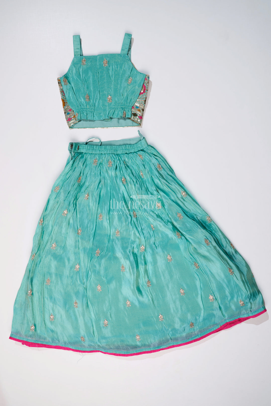 The Nesavu Girls Lehenga Choli Exquisite Light Green Lehenga for Girls with Designer Embroidery and Shimmer Chinon Silk Nesavu Exquisite Light Green Lehenga Girls Designer Embroidery Shimmer Chinon Silk | The Nesavu