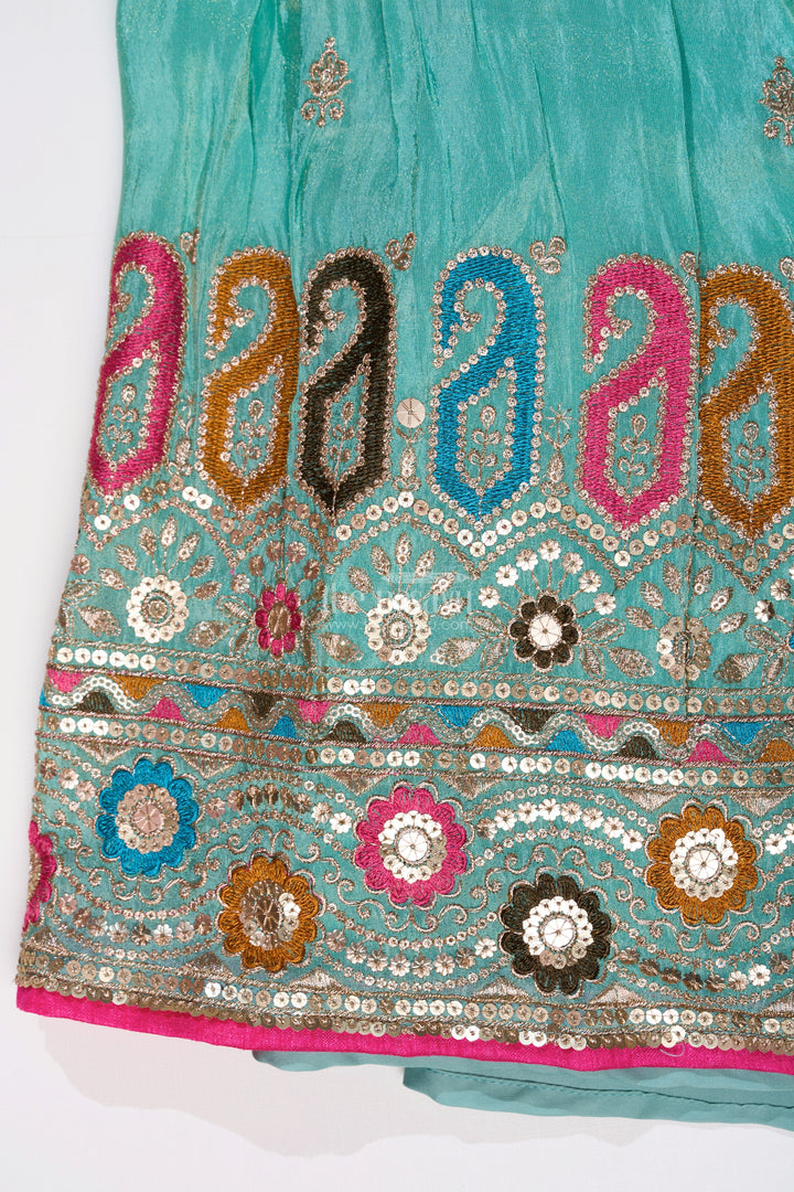 The Nesavu Girls Lehenga Choli Exquisite Light Green Lehenga for Girls with Designer Embroidery and Shimmer Chinon Silk Nesavu Exquisite Light Green Lehenga Girls Designer Embroidery Shimmer Chinon Silk | The Nesavu