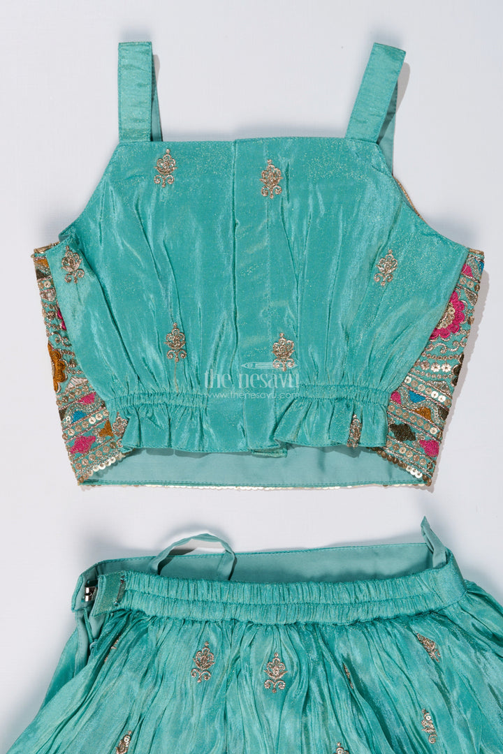 The Nesavu Girls Lehenga Choli Exquisite Light Green Lehenga for Girls with Designer Embroidery and Shimmer Chinon Silk Nesavu Exquisite Light Green Lehenga Girls Designer Embroidery Shimmer Chinon Silk | The Nesavu