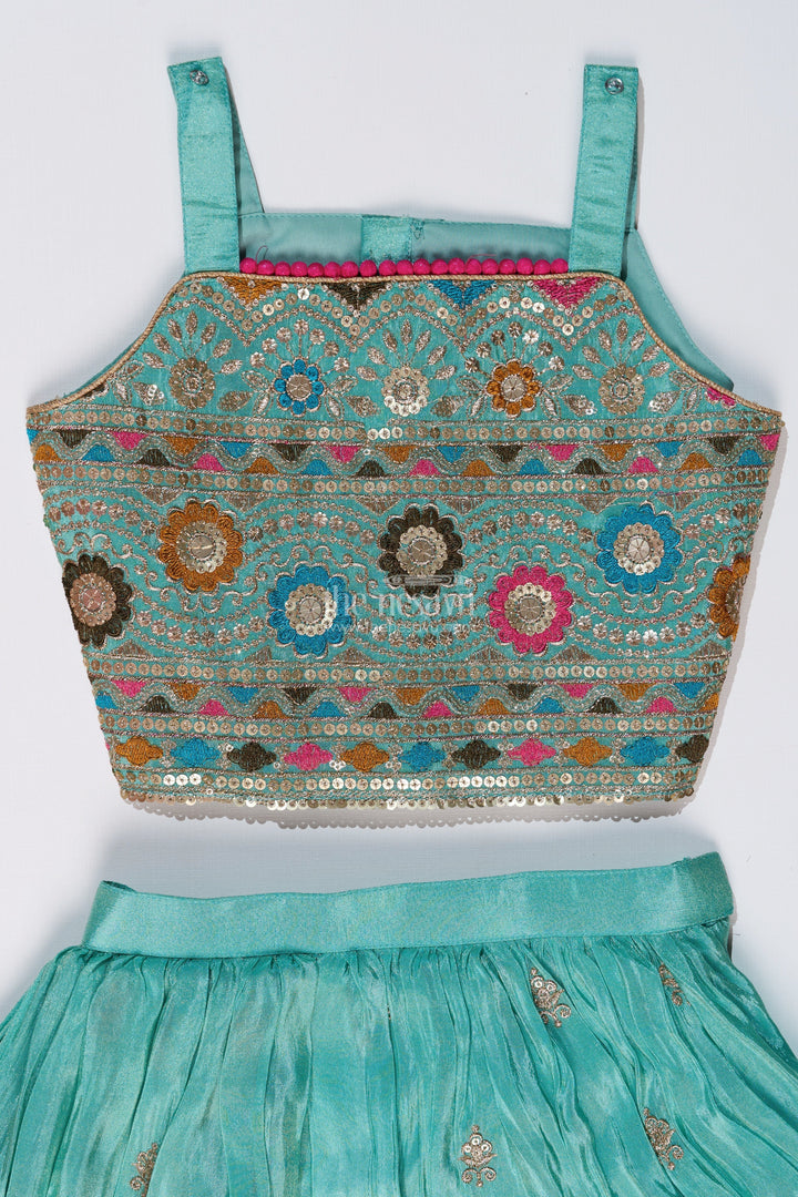 The Nesavu Girls Lehenga Choli Exquisite Light Green Lehenga for Girls with Designer Embroidery and Shimmer Chinon Silk Nesavu Exquisite Light Green Lehenga Girls Designer Embroidery Shimmer Chinon Silk | The Nesavu