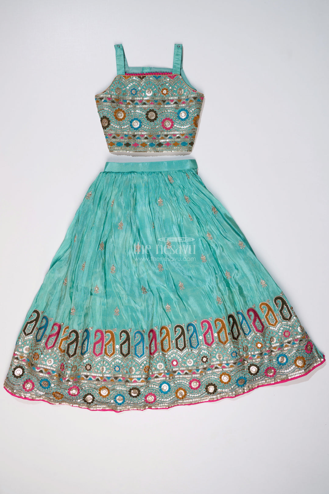 The Nesavu Girls Lehenga Choli Exquisite Light Green Lehenga for Girls with Designer Embroidery and Shimmer Chinon Silk Nesavu Exquisite Light Green Lehenga Girls Designer Embroidery Shimmer Chinon Silk | The Nesavu
