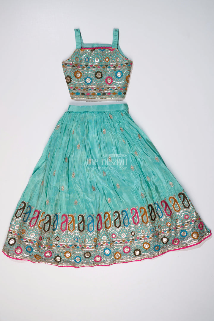The Nesavu Girls Lehenga Choli Exquisite Light Green Lehenga for Girls with Designer Embroidery and Shimmer Chinon Silk Nesavu Exquisite Light Green Lehenga Girls Designer Embroidery Shimmer Chinon Silk | The Nesavu