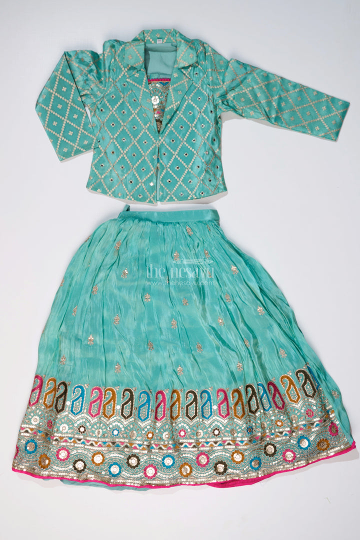 The Nesavu Girls Lehenga Choli Exquisite Light Green Lehenga for Girls with Designer Embroidery and Shimmer Chinon Silk Nesavu Exquisite Light Green Lehenga Girls Designer Embroidery Shimmer Chinon Silk | The Nesavu