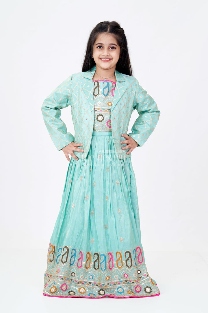 The Nesavu Girls Lehenga Choli Exquisite Light Green Lehenga for Girls with Designer Embroidery and Shimmer Chinon Silk Nesavu Exquisite Light Green Lehenga Girls Designer Embroidery Shimmer Chinon Silk | The Nesavu