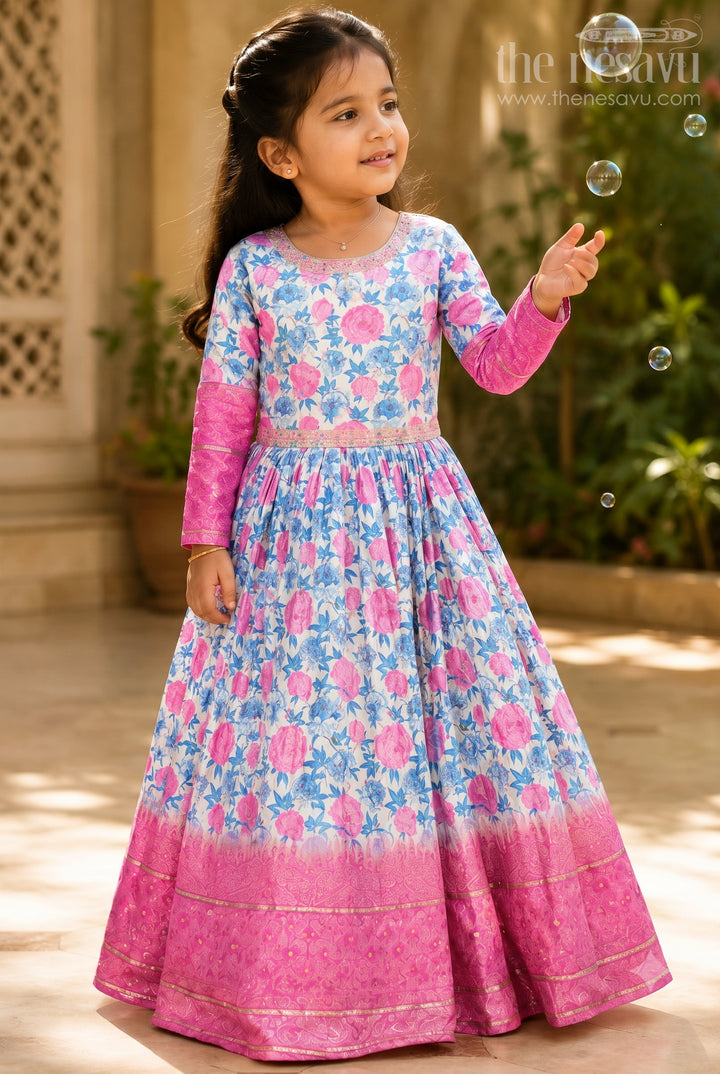 The Nesavu Girls Party Gown Exquisite Pearl Embroidered Floral Designer Pink Anarkali Gown for Girls- Diwali 2023 New Collection Nesavu 20 (3Y) / Pink / Chinnon GA152A-20 Pearl Embroidered Floral Designer Pink Anarkali Gown | The Nesavu