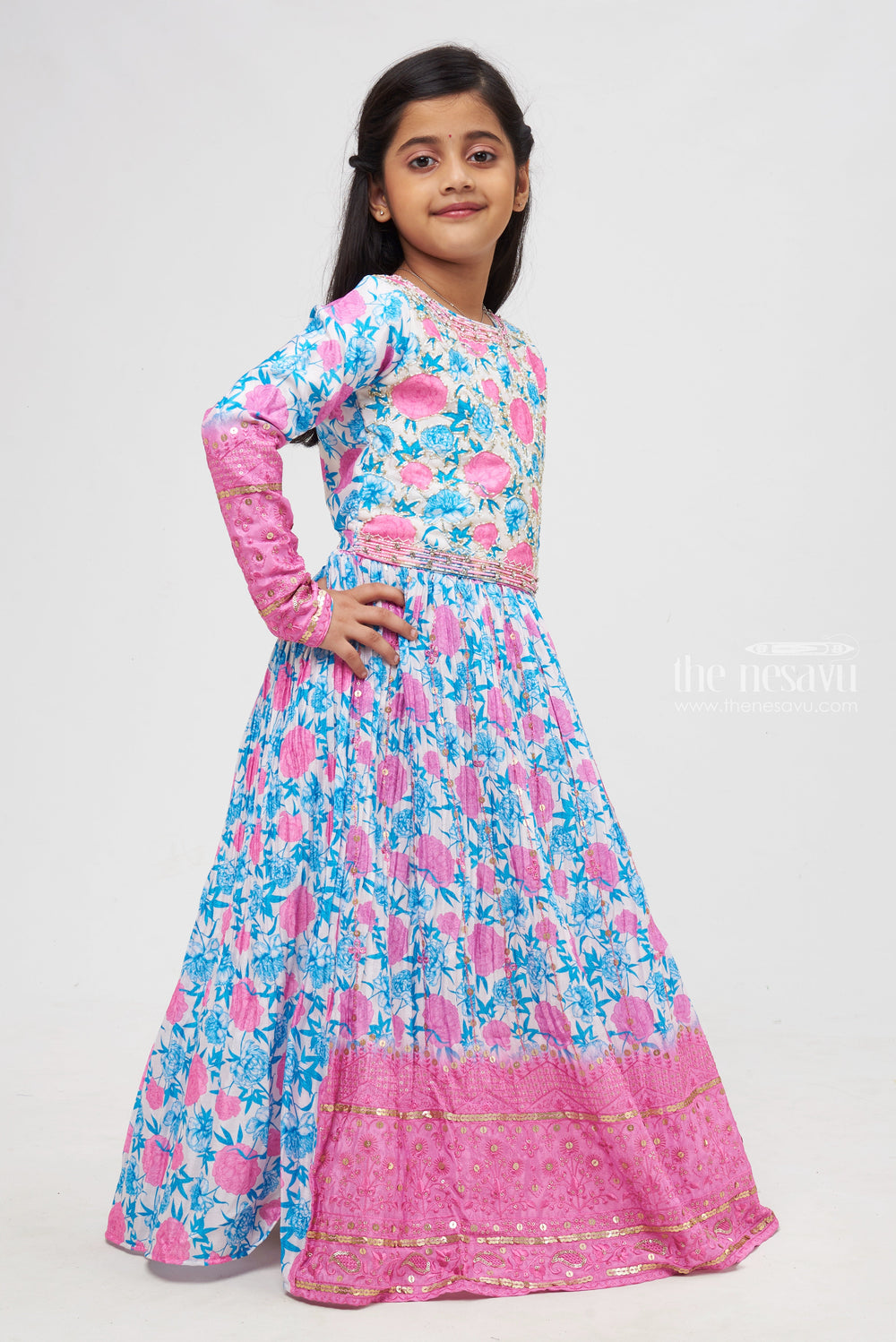 The Nesavu Girls Party Gown Exquisite Pearl Embroidered Floral Designer Pink Anarkali Gown for Girls- Diwali 2023 New Collection Nesavu Pearl Embroidered Floral Designer Pink Anarkali Gown | Festive Elegance for Girls | The Nesavu