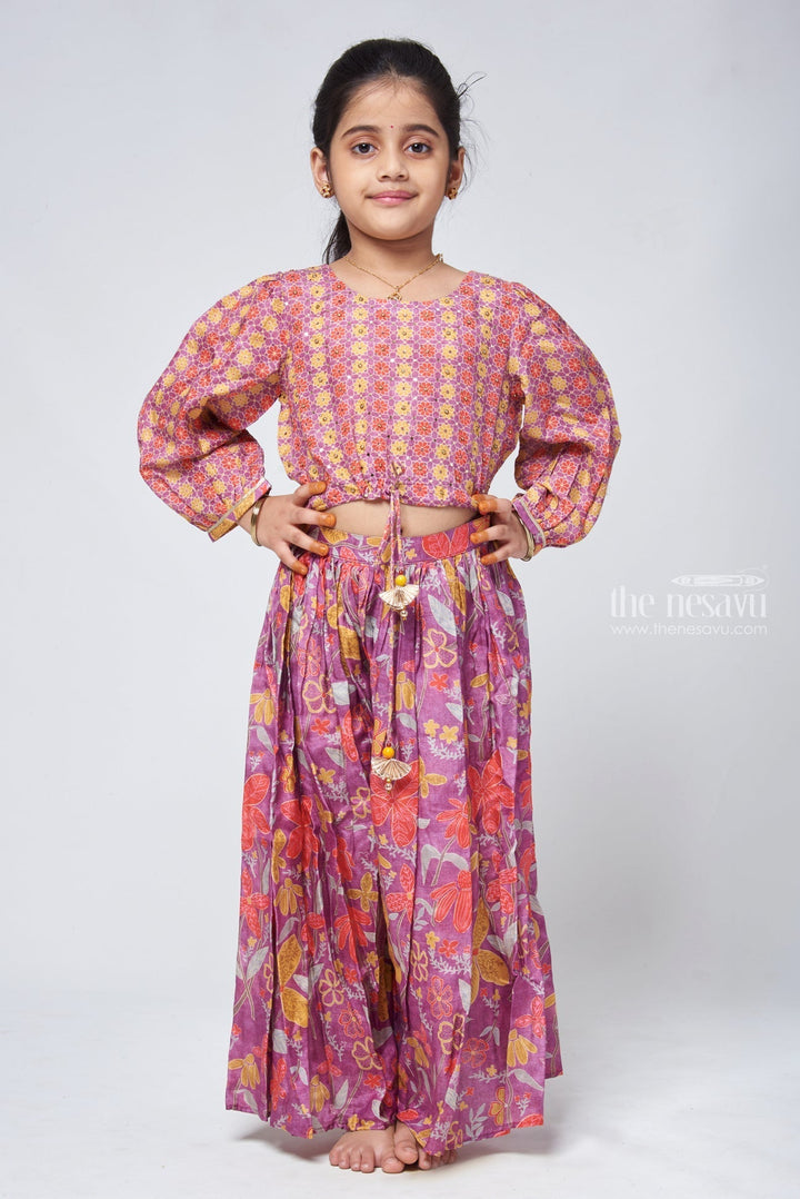 The Nesavu Girls Sharara / Plazo set Exquisite Pearl Embroidered Floral Purple Top & Palazzo: Festive Grace for Girls Nesavu 16 (1Y) / Purple / Muslin GPS164A-16 Anarkali and Palazzo Set | Girls Fancy Festive Weat | the Nesavu