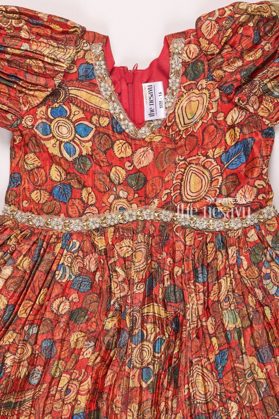 The Nesavu Girls Silk Gown Exquisite Red Kalamkari Chinon Party Gown for Girls Nesavu Exquisite Red Kalamkari Chinon Party Gown for Girls - Festive Wear