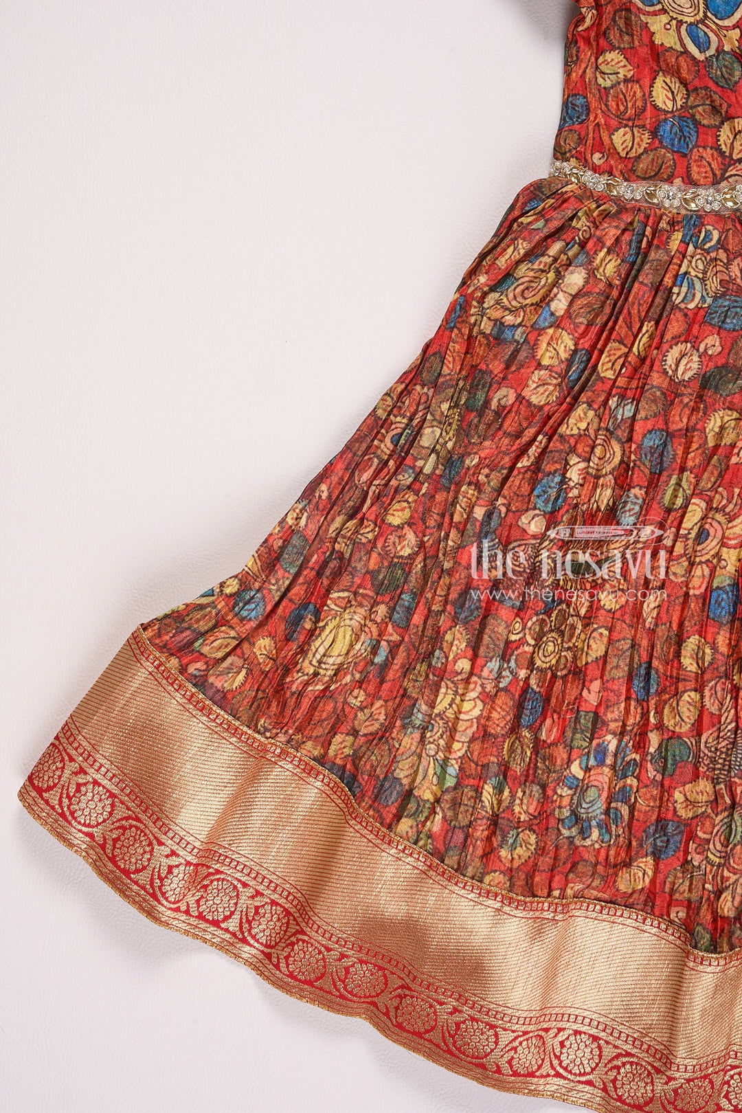 The Nesavu Girls Silk Gown Exquisite Red Kalamkari Chinon Party Gown for Girls Nesavu Exquisite Red Kalamkari Chinon Party Gown for Girls - Festive Wear