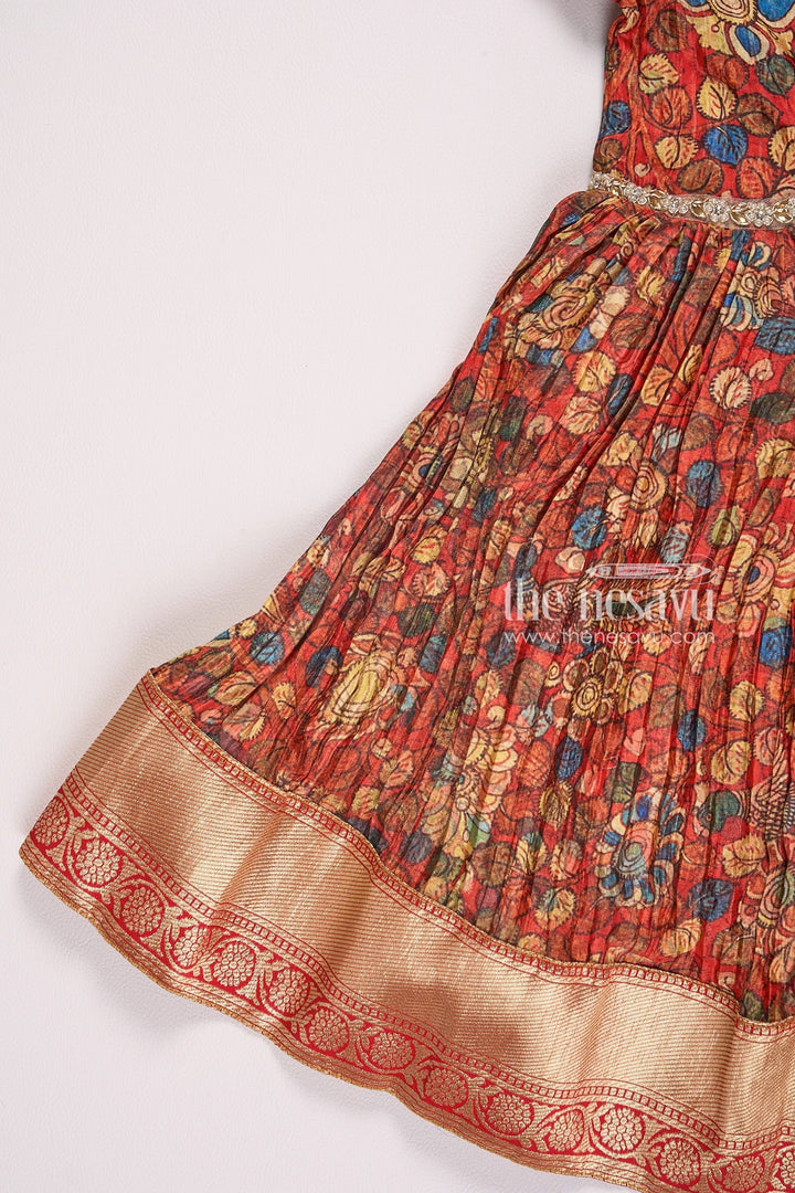 The Nesavu Girls Silk Gown Exquisite Red Kalamkari Chinon Party Gown for Girls Nesavu Exquisite Red Kalamkari Chinon Party Gown for Girls - Festive Wear