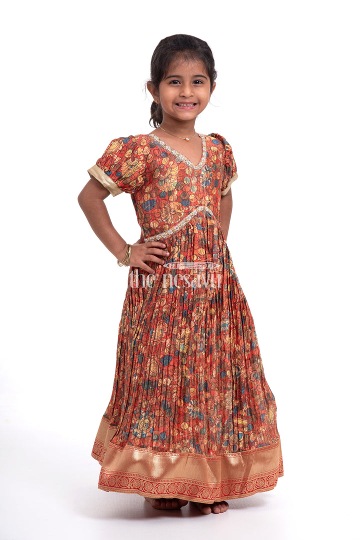 The Nesavu Girls Silk Gown Exquisite Red Kalamkari Chinon Party Gown for Girls Nesavu Exquisite Red Kalamkari Chinon Party Gown for Girls - Festive Wear