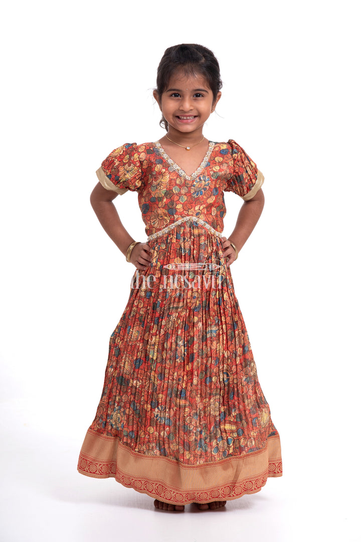 The Nesavu Girls Silk Gown Exquisite Red Kalamkari Chinon Party Gown for Girls Nesavu Exquisite Red Kalamkari Chinon Party Gown for Girls - Festive Wear | The Nesavu