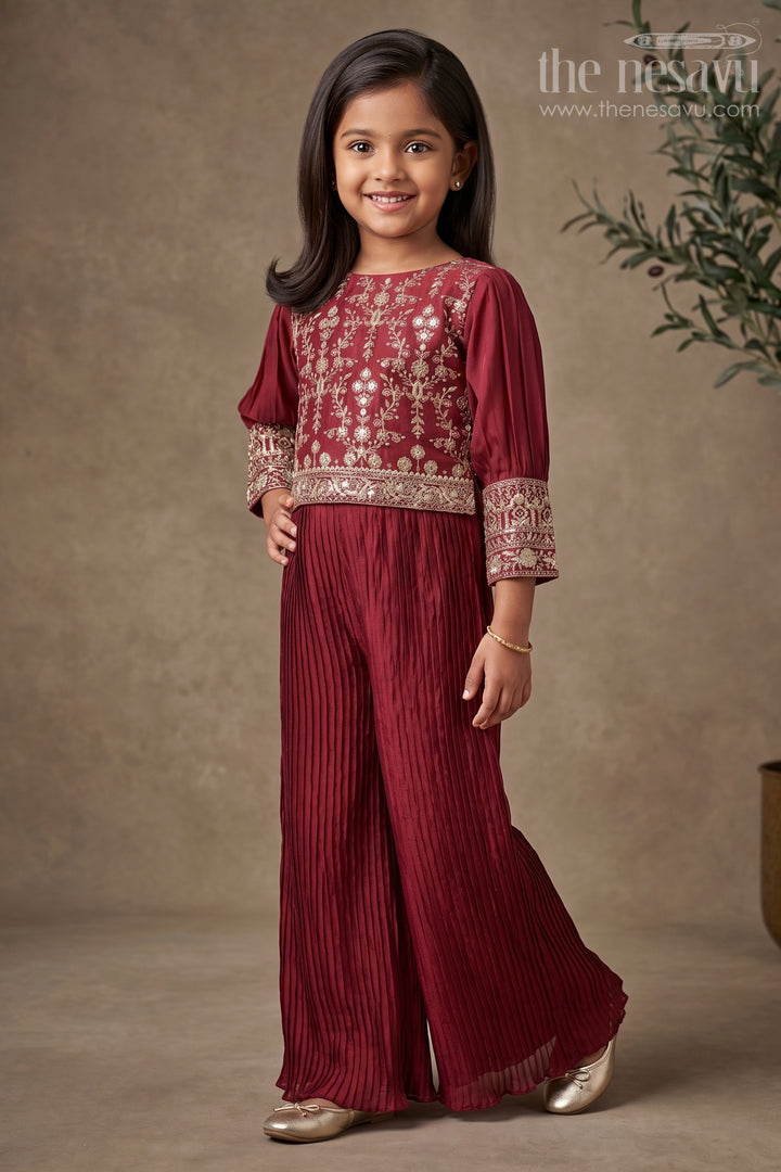 The Nesavu Girls Sharara / Plazo Set Exquisite Resham &amp; Sequin Embroidered Purple Ensemble with Pleated Palazzo for Girls Nesavu 24 (5Y) / Purple / Silk Blend GPS187A-24 Kids Formal Elegance | The Nesavu