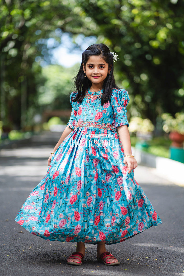 The Nesavu Girls Silk Gown Exquisite Teal Floral Anarkali Gown for Young Princesses Nesavu Buy Girls Teal Floral Embroidered Anarkali Gown | The Nesavu