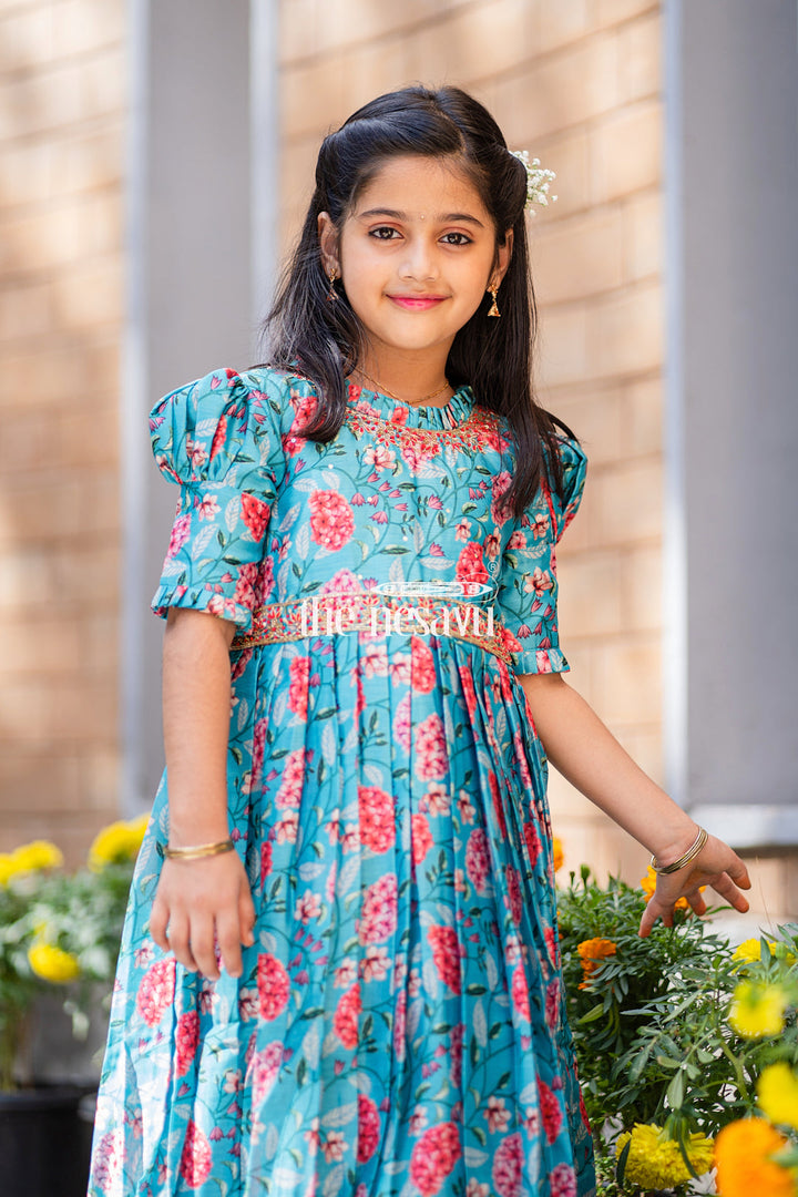 The Nesavu Girls Silk Gown Exquisite Teal Floral Anarkali Gown for Young Princesses Nesavu Buy Girls Teal Floral Embroidered Anarkali Gown | The Nesavu