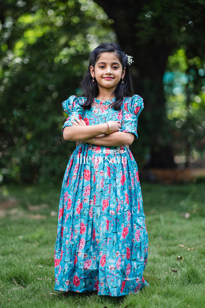The Nesavu Girls Silk Gown Exquisite Teal Floral Anarkali Gown for Young Princesses Nesavu Buy Girls Teal Floral Embroidered Anarkali Gown | The Nesavu