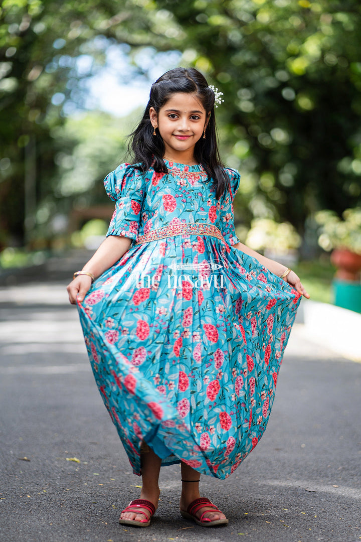 The Nesavu Girls Silk Gown Exquisite Teal Floral Anarkali Gown for Young Princesses Nesavu Buy Girls Teal Floral Embroidered Anarkali Gown | The Nesavu