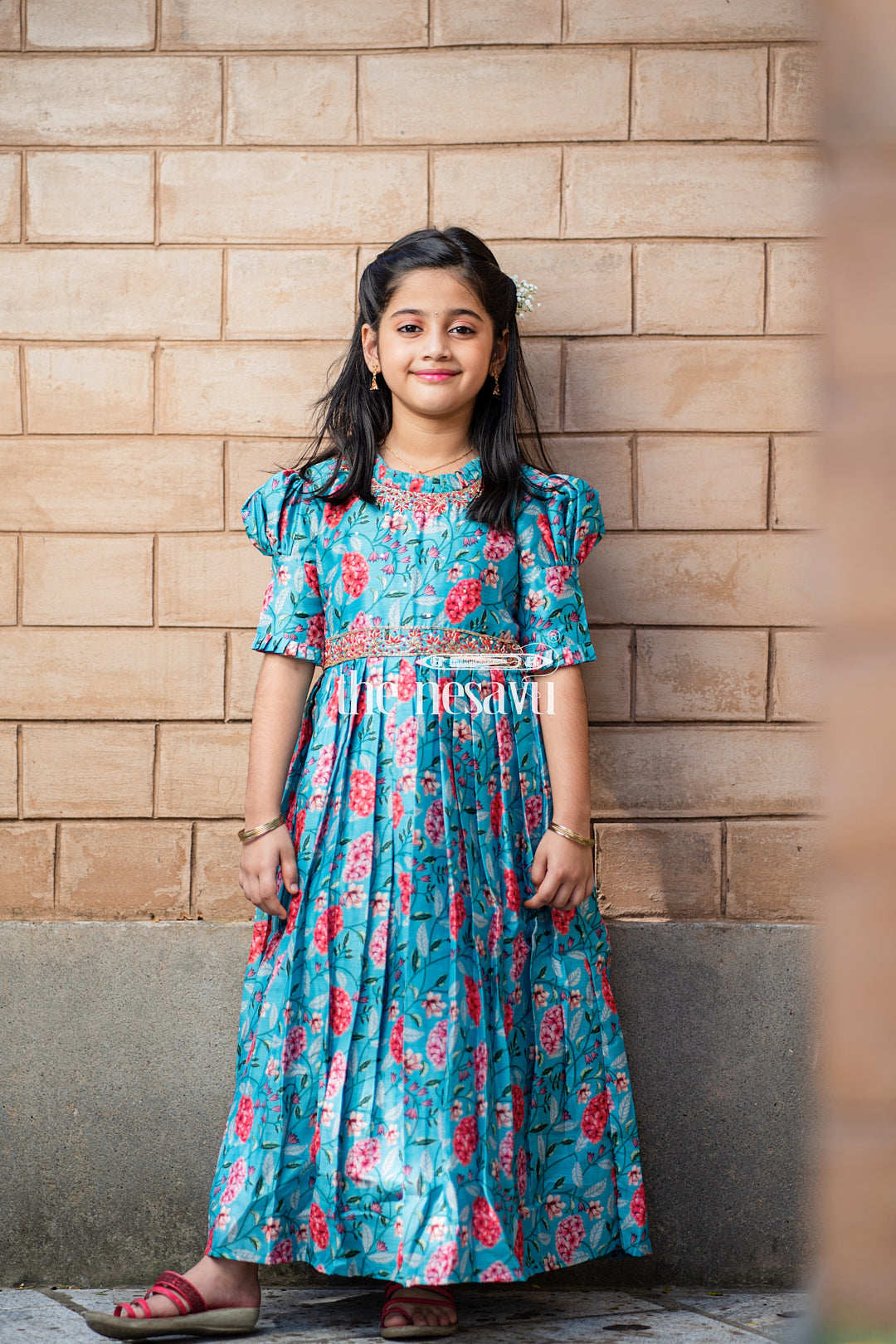 The Nesavu Girls Silk Gown Exquisite Teal Floral Anarkali Gown for Young Princesses Nesavu Buy Girls Teal Floral Embroidered Anarkali Gown | The Nesavu
