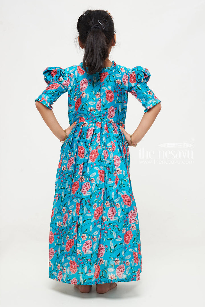 The Nesavu Girls Silk Gown Exquisite Teal Floral Anarkali Gown for Young Princesses Nesavu Buy Girls Teal Floral Embroidered Anarkali Gown | Unique Party Wear for Kids | The Nesavu