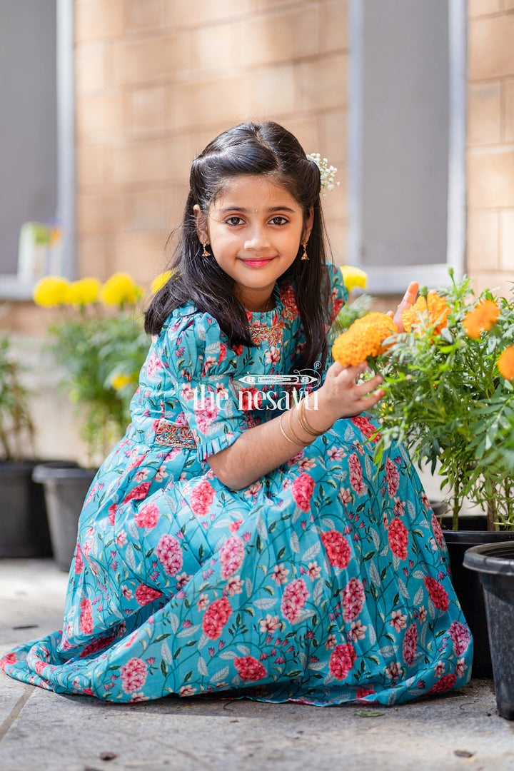 The Nesavu Girls Silk Gown Exquisite Teal Floral Anarkali Gown for Young Princesses Nesavu Buy Girls Teal Floral Embroidered Anarkali Gown | Unique Party Wear for Kids | The Nesavu