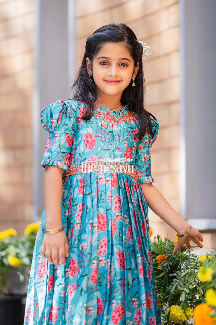 The Nesavu Girls Silk Gown Exquisite Teal Floral Anarkali Gown for Young Princesses Nesavu Buy Girls Teal Floral Embroidered Anarkali Gown | Unique Party Wear for Kids | The Nesavu