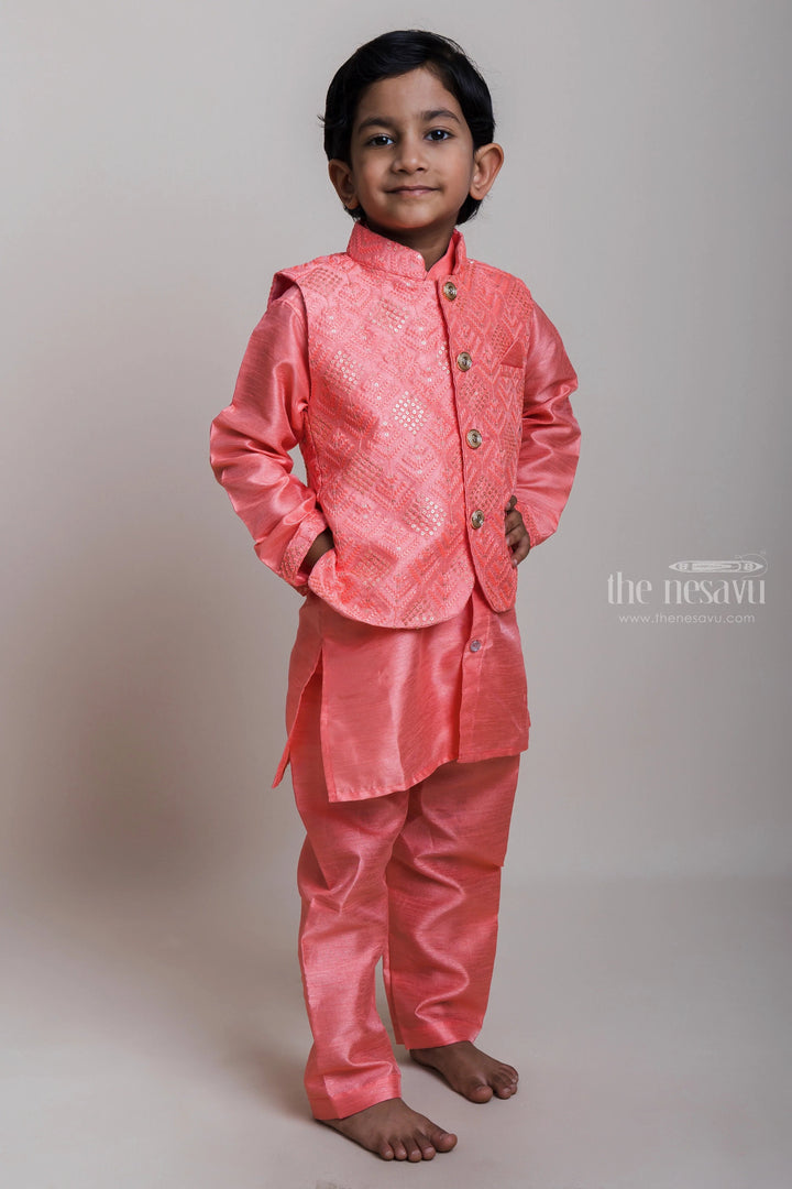 The Nesavu Boys Jacket Sets Eye-candy Pink Three Piece Kurta With Designer Overcoat For Little Boys Nesavu Trending Three Piece Kurta Set For Boys| Ethnic Wear Kurta| The Nesavu