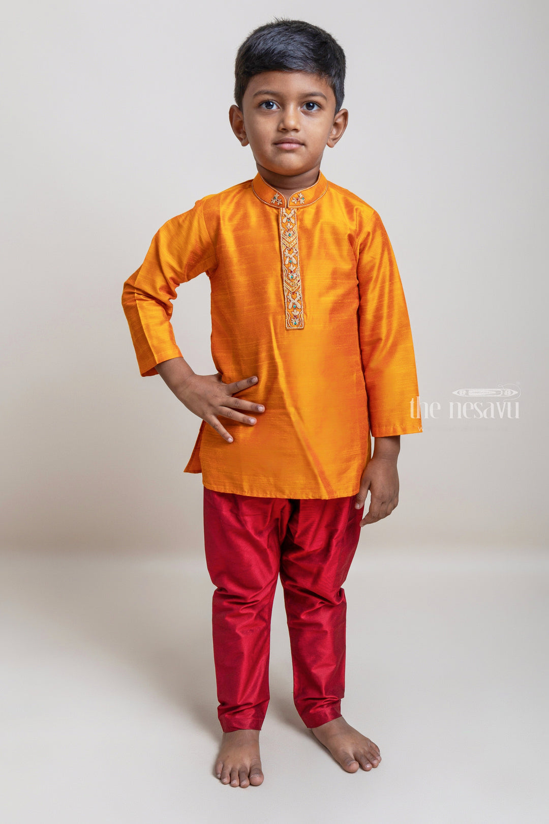 The Nesavu Boys Kurtha Set Eye-Catching Golden Yellow Kurta With Cherry Red Pant For Little Boys Nesavu 10 (NB) / Gold / Dupioni Silk BES299A-10 Exclusive Kurta Collection For Boys | Premium Kurta Collection | The Nesavu